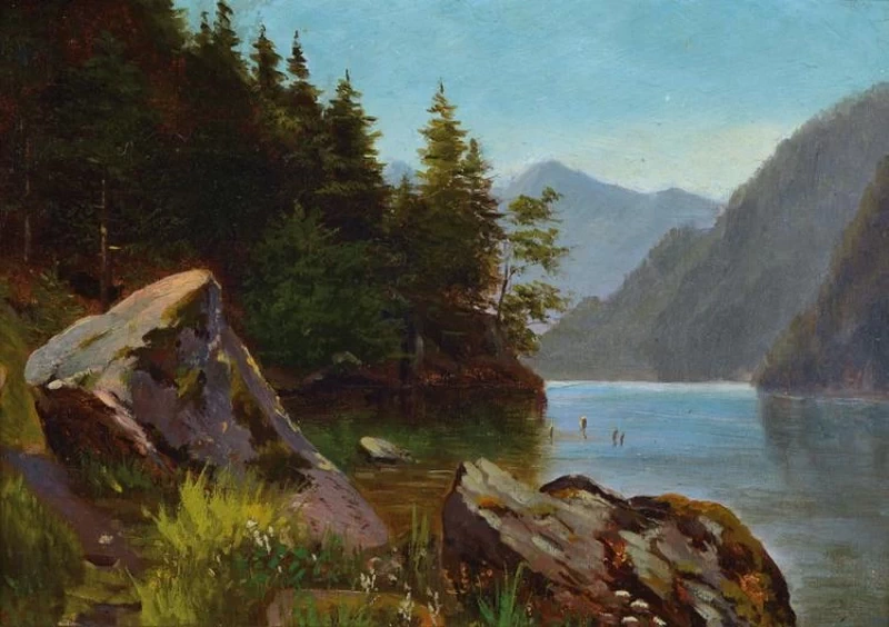 Masso di fronte ad un lago di montagna - attribuito